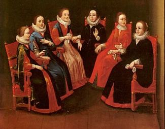 Mary Ward und ihre Gefährtinnen in einem offenen Kreis sitzend, Ausschnitt aus dem gemalten Leben Mary Wards